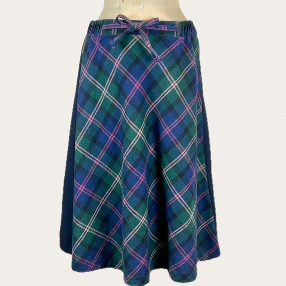 Vintage Dresses & Skirts - VINTAGE tartan plaid wool skirt midi‎ drawstring elastic waist dark academia 80s
